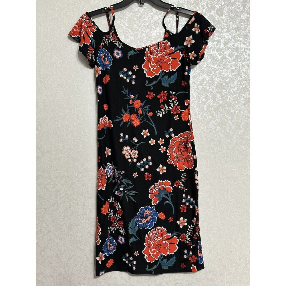 Derek Heart Spaghetti Strap Cold Shoulder Knee Length Dress Black Floral Print M